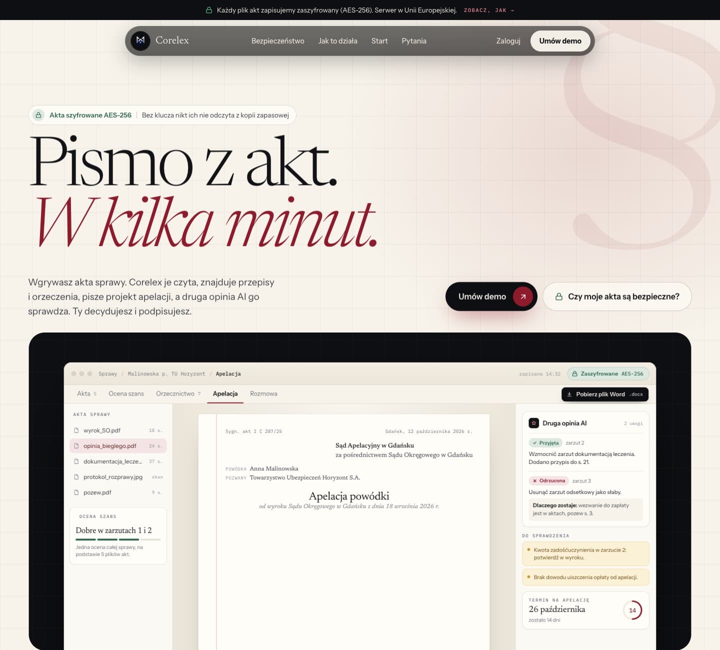 Corelex: analiza akt sprawy i generowanie projektów apelacji z przypisami do stron