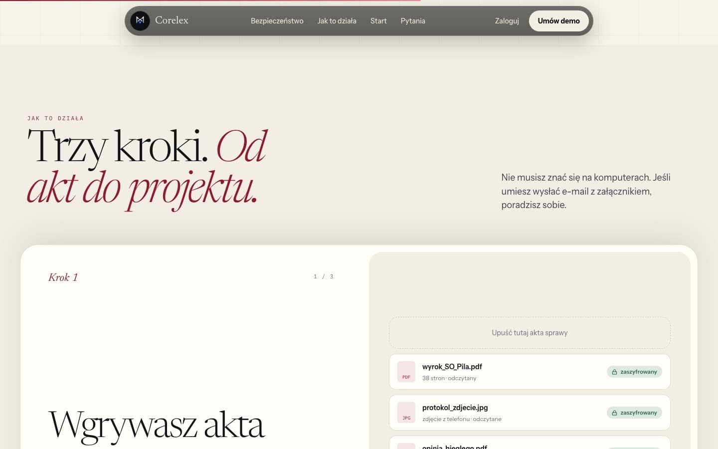 Corelex: analiza akt sprawy i generowanie projektów apelacji z przypisami do stron: zrzut ekranu 3