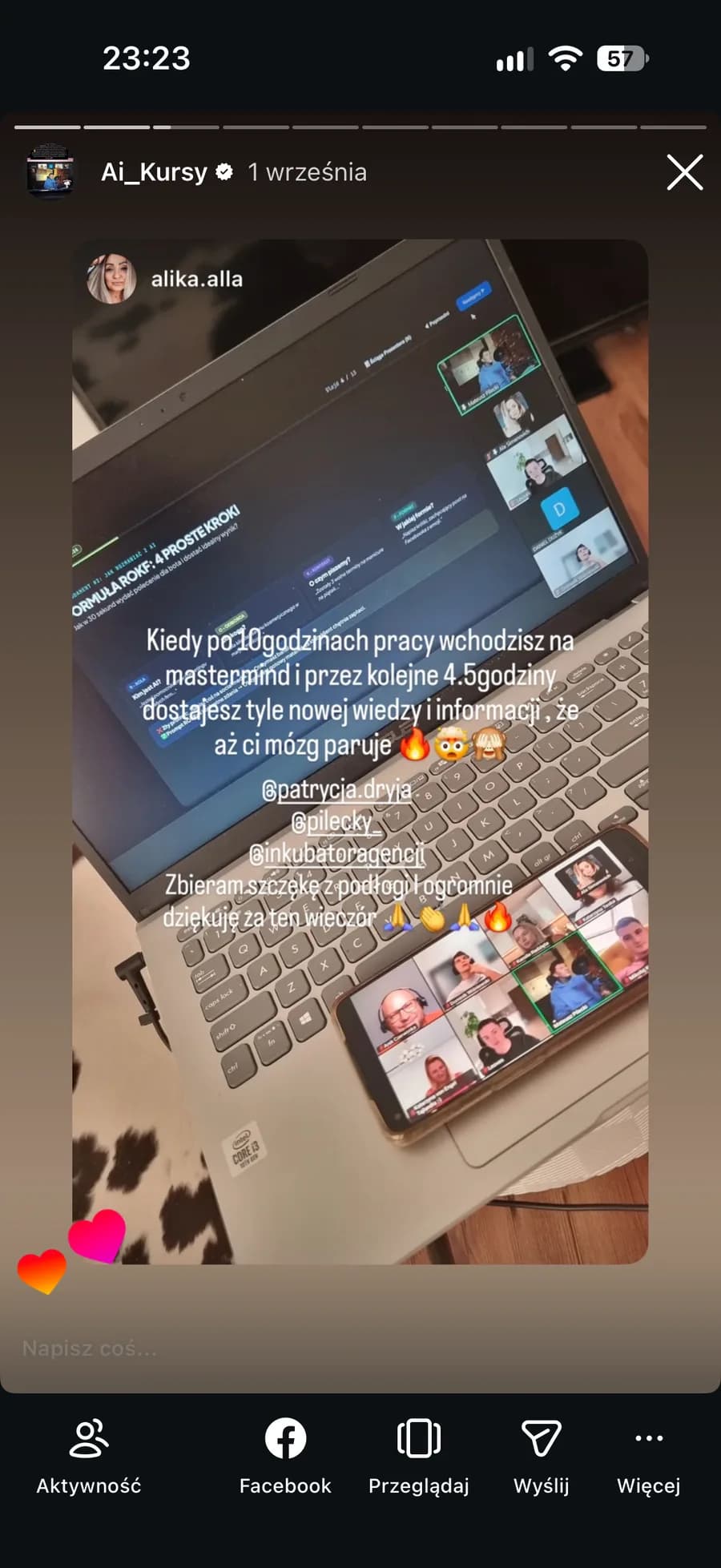 Instastory uczestniczki: po 10 godzinach pracy 4,5 godziny nowej wiedzy, aż mózg paruje